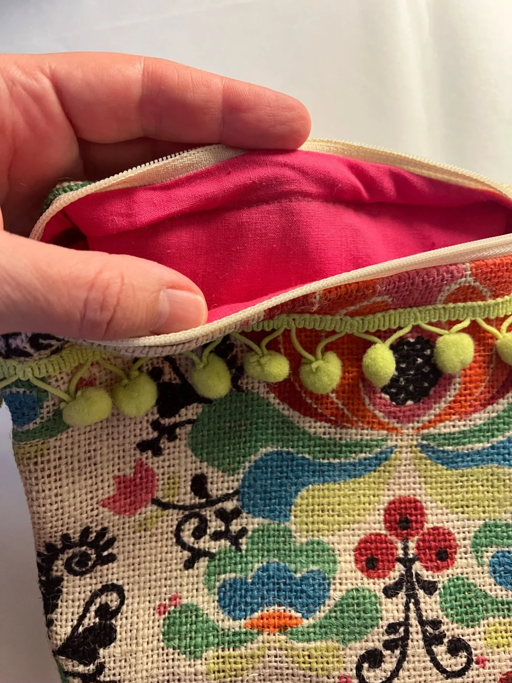 Floral Canvas Pouch with Pom Trim - Multicolor